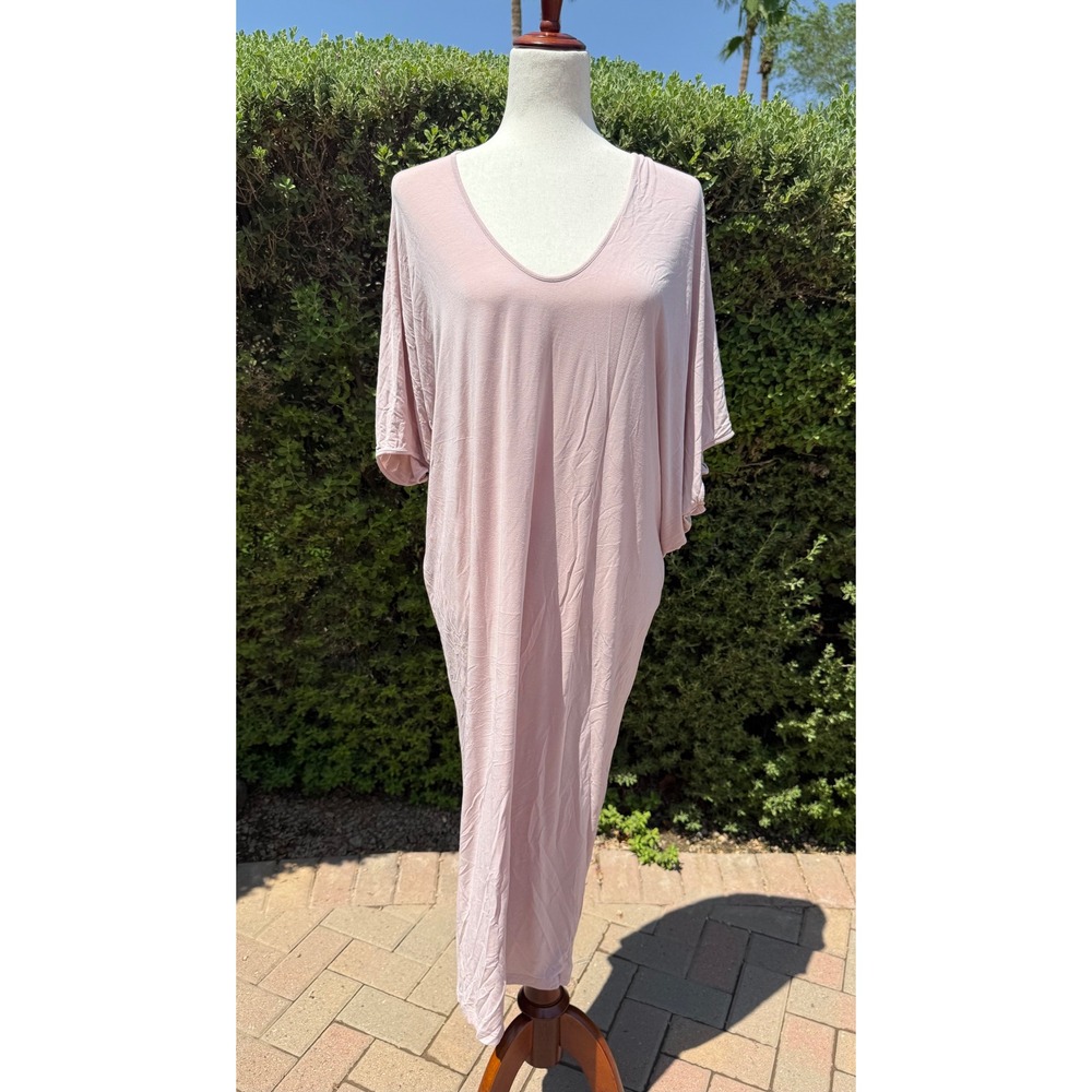 Barefoot Dreams Luxe Milk Jersey Short Caftan V-Neck Lounge Dress Faded Rose OS